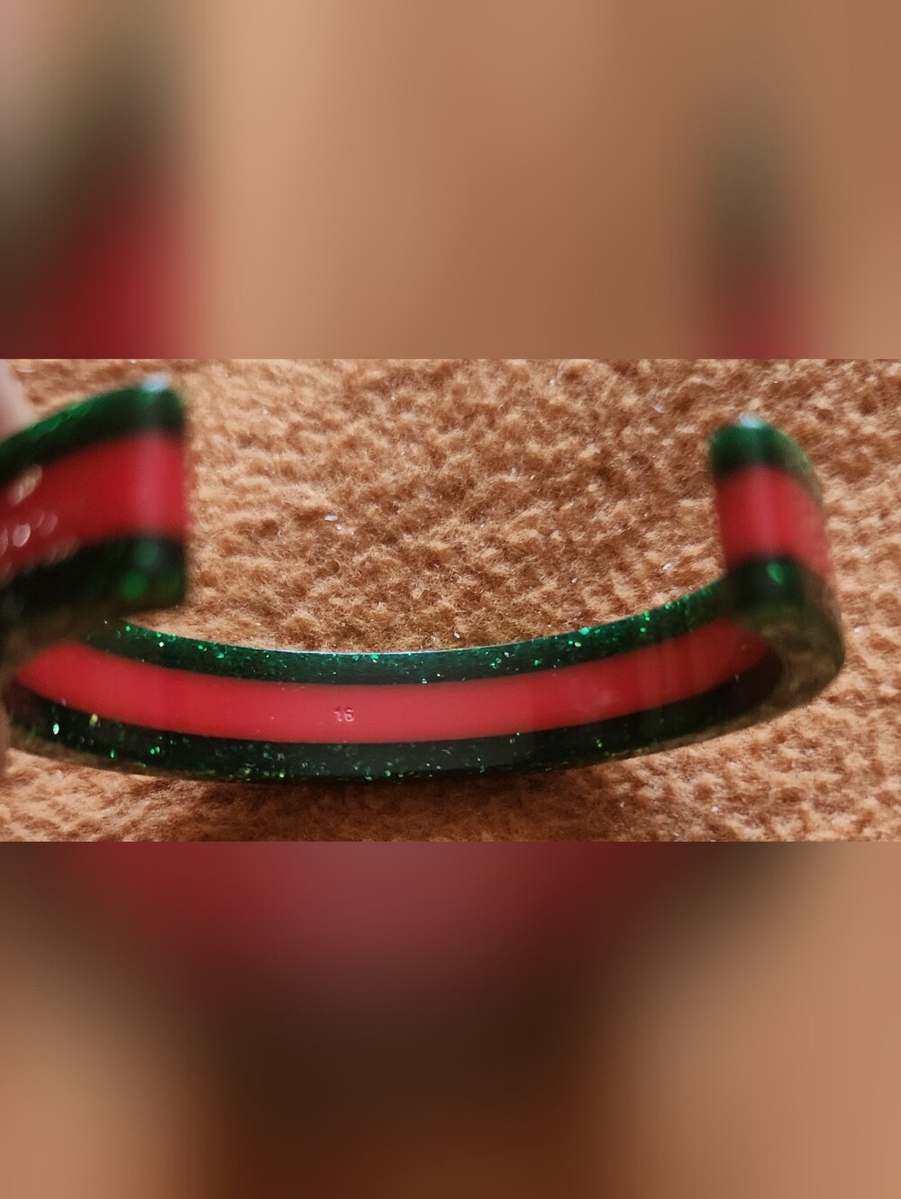 Gucci Green Glitter Resin Bangle Cuff with Red Stripe and Crystal With COA - Picture 3 of 3